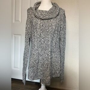 RD Style Cowl Neck Cable Knit Marled‎ Sweater Black White High Low Hem Tunic